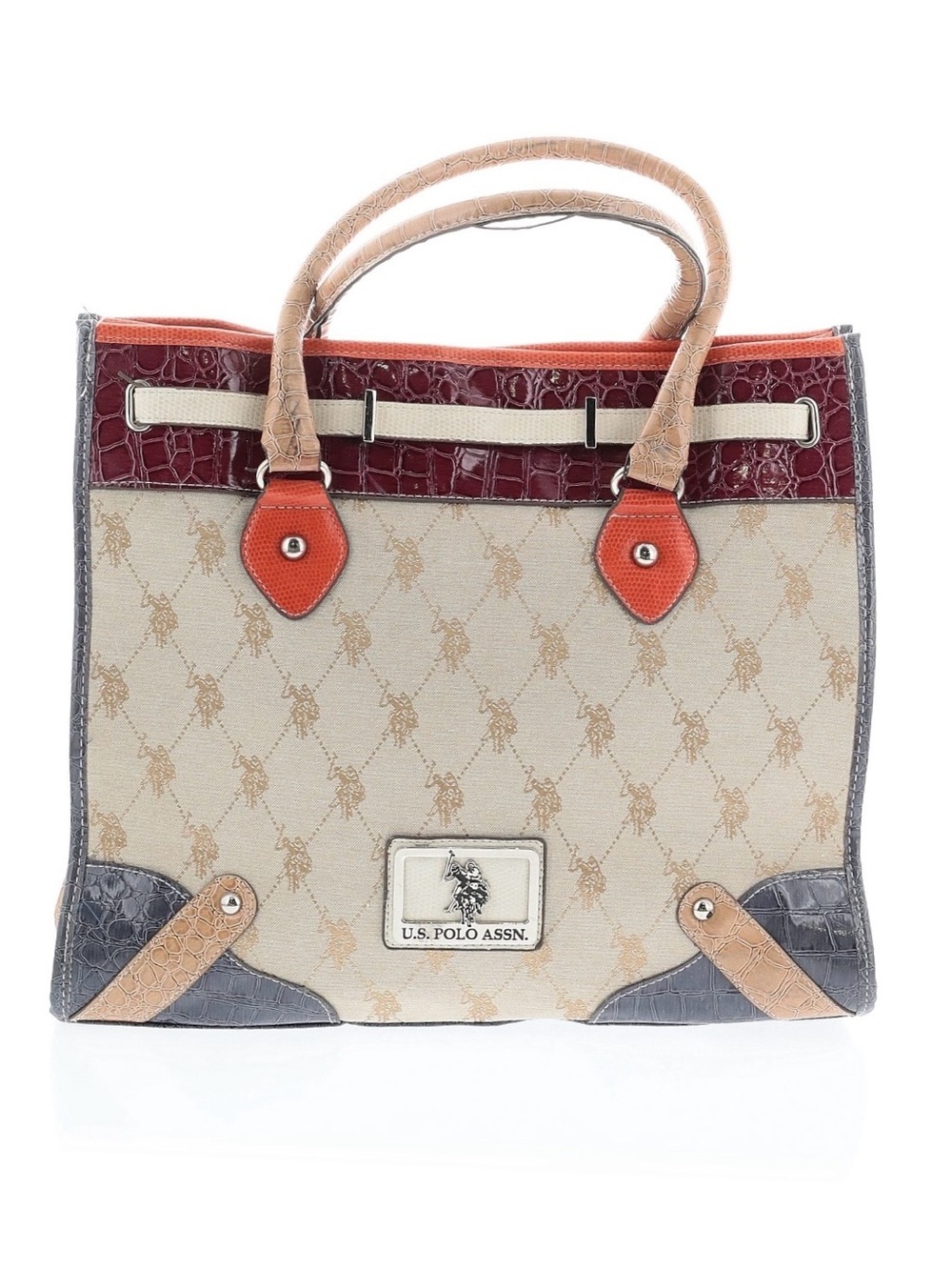 U.S. Polo Assn. Beige Canvas Tote with Burgundy, Orange and Gray Accents